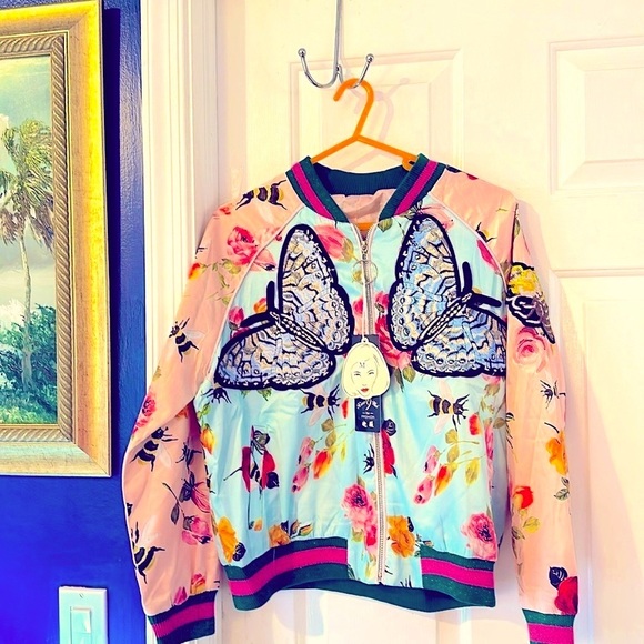 NWT Women’s Xiao Wei Silk Blue & Pink Embroidered Butterfly Bomber Jacket Size M - Picture 1 of 8